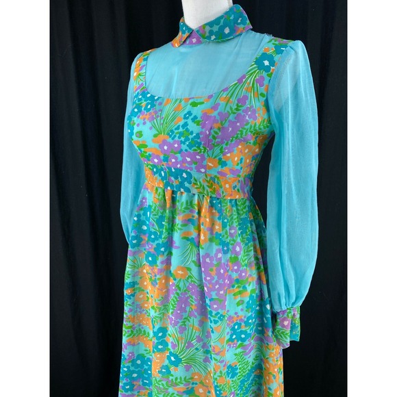 Vtg 60s MOD Maxi Dress XS/S Chiffon Flower Power Psychedelic Hippie‎ Gown Floral - Picture 8 of 13